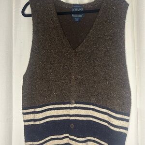 Chaps Ralph Lauren Brown Striped Knit V Neck Button Sweater Vest Cardigan Silk